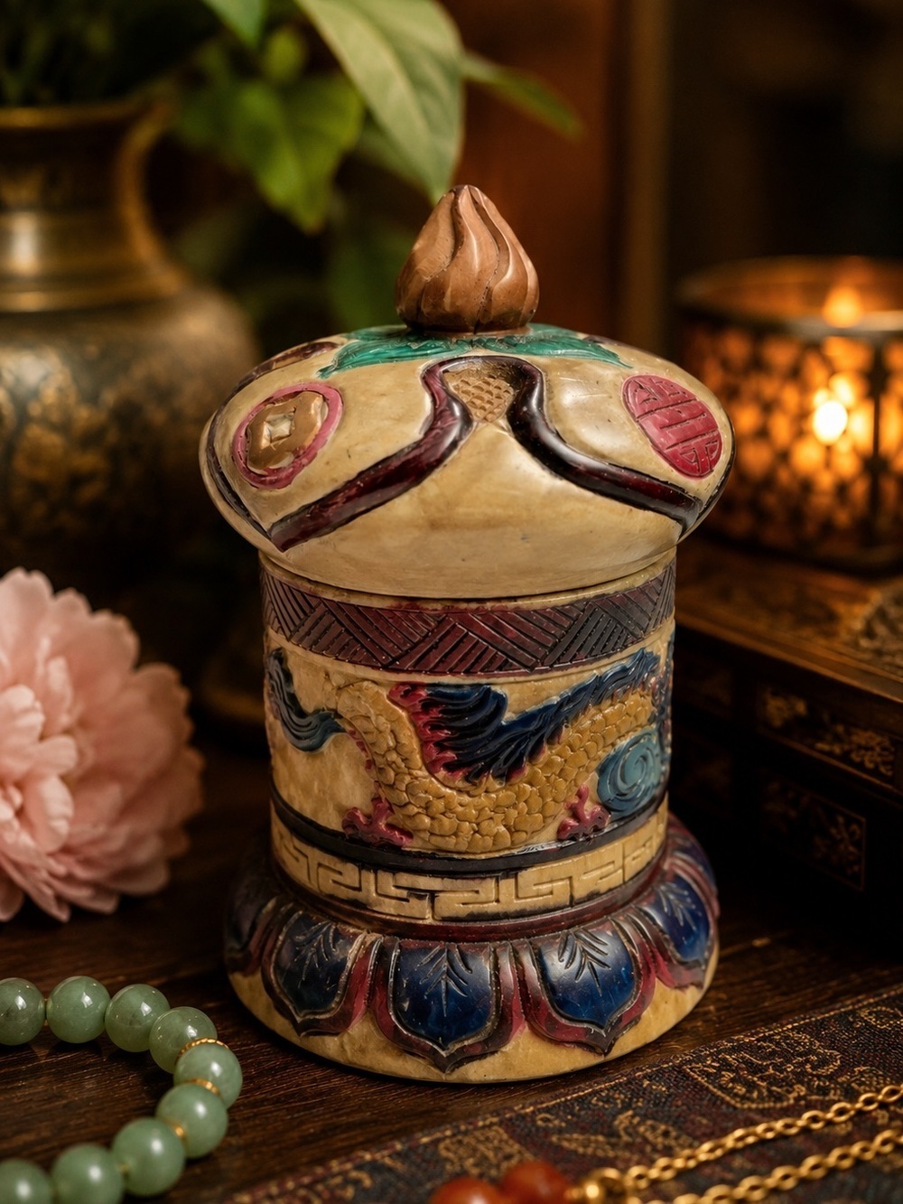 Vintage Chinese Dragon Stone Trinket Box Hand Painted Lidded Jewelry Container